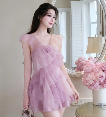 Romantic Purple A Line V Neck Layered Tulle Short Homecoming Dress Cocktail Dress HZ1023